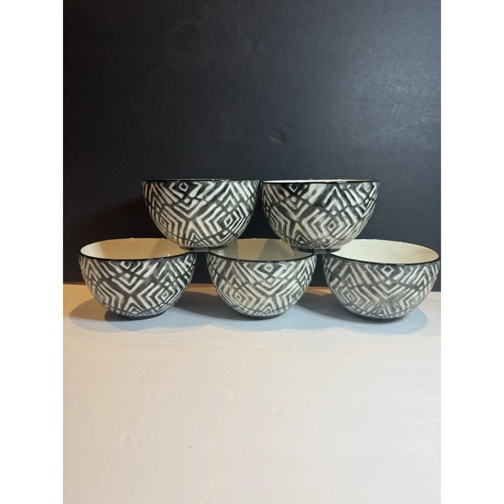 Pier 1 Black White Geometric Bowls Set of 5 Tribal Aztec 5.5